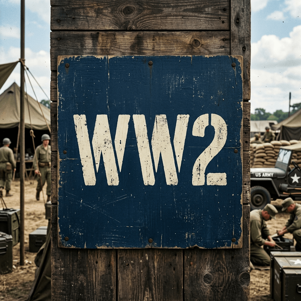 Blue wooden sign with white letters 'WW2' mounted on rustic wooden boards at a military camp