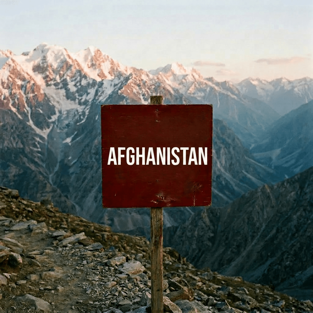 Red sign with Hindu Kush written in English and another language against mountainous landscape